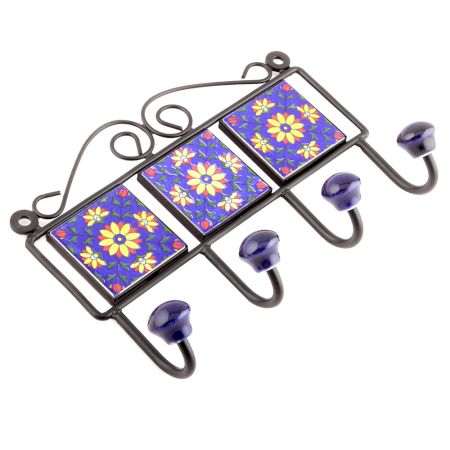 Navy Blue And Yellow Sun Flower Tiles Hooks